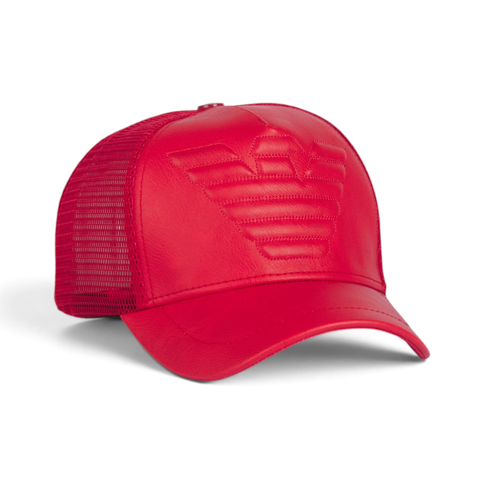 Emporio Armani Premium Red Leather-Look Trucker Cap – Tonal Eagle Logo & Mesh Back