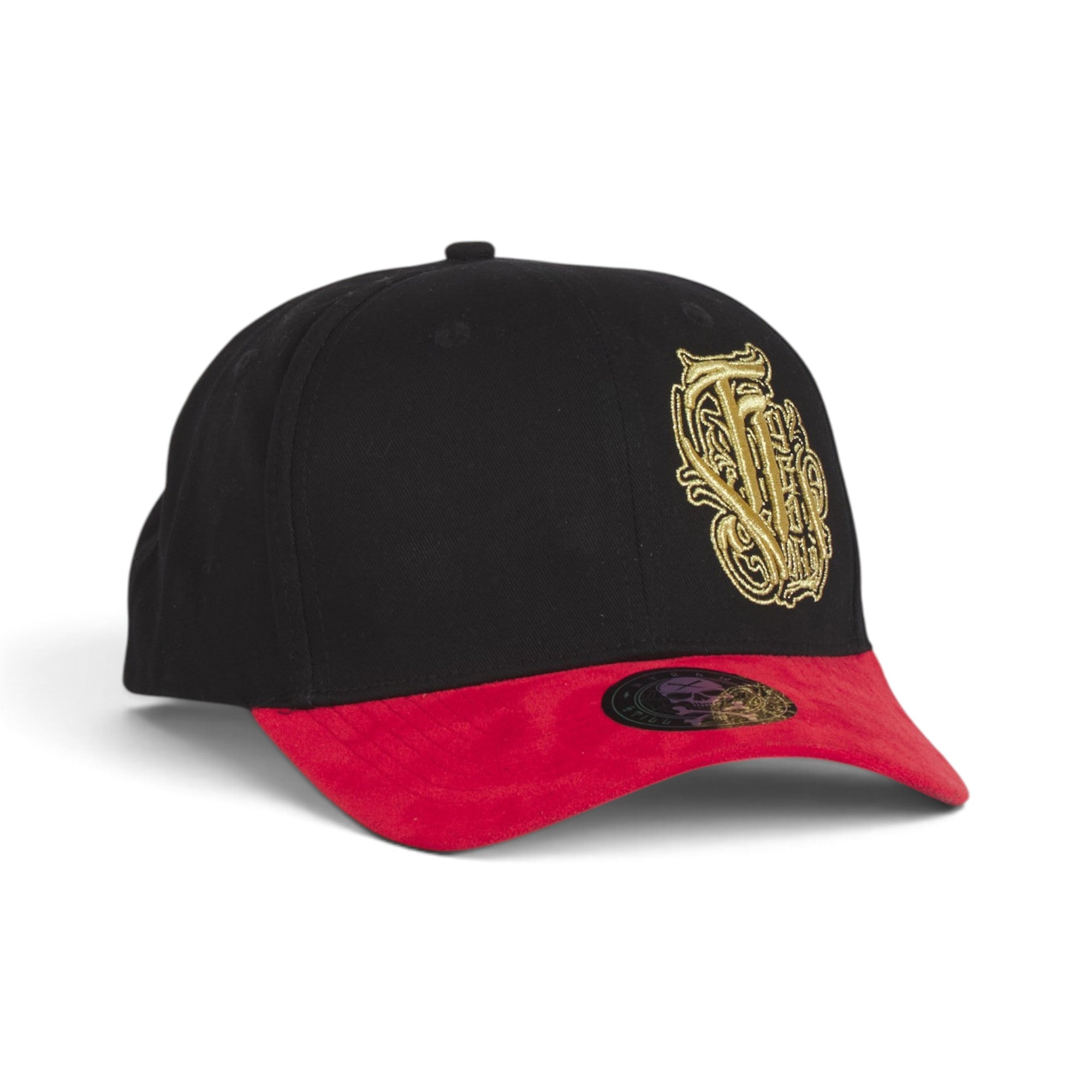 Gothic Monogram Suede Brim Baseball Cap – Black, Red & Gold