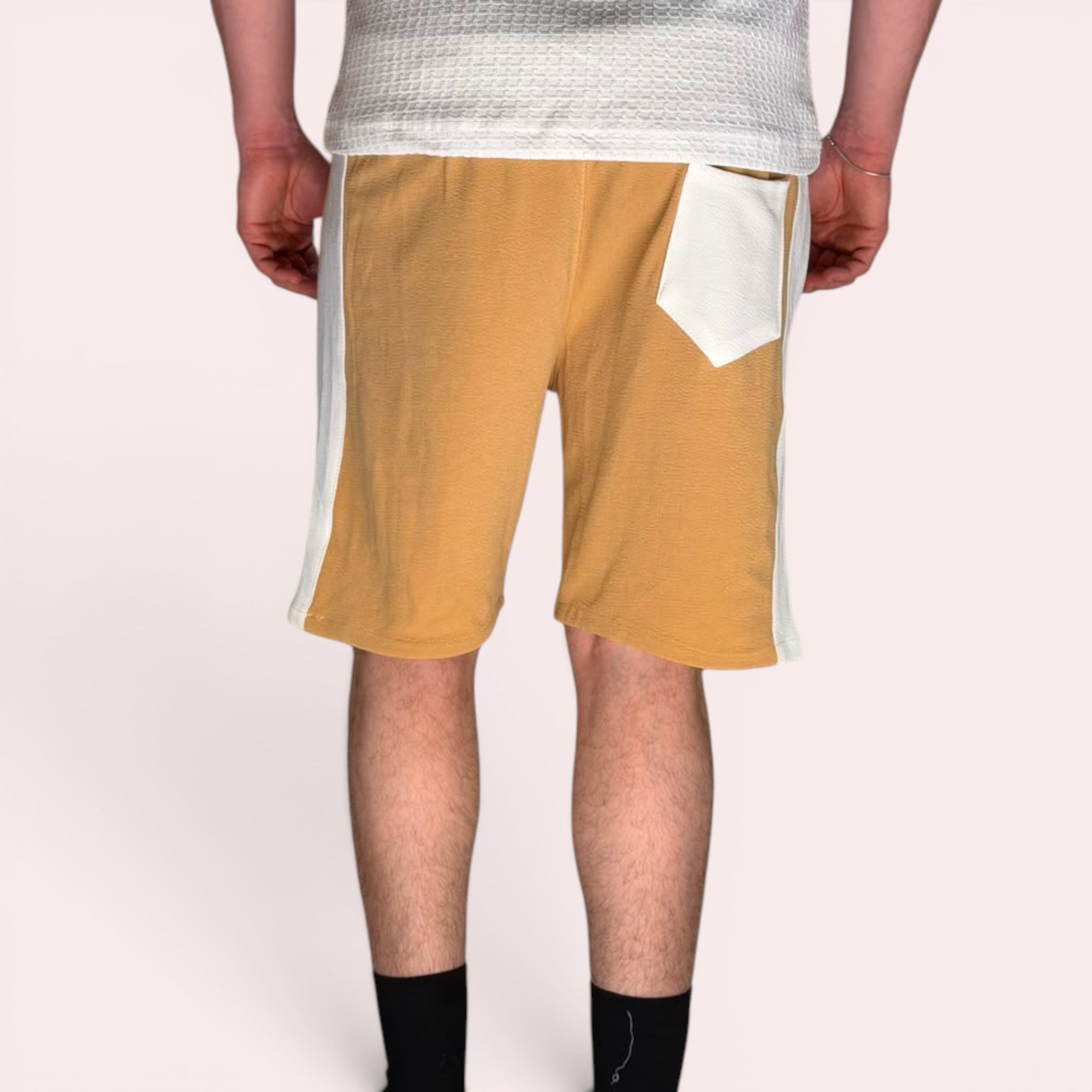 Textured Fabric Men's Premium Color Block Cotton Blend Stretch Casual Shorts – Regular Fit, Side & Back Pockets, Summer Travel & Everyday Wear – Beige/White**