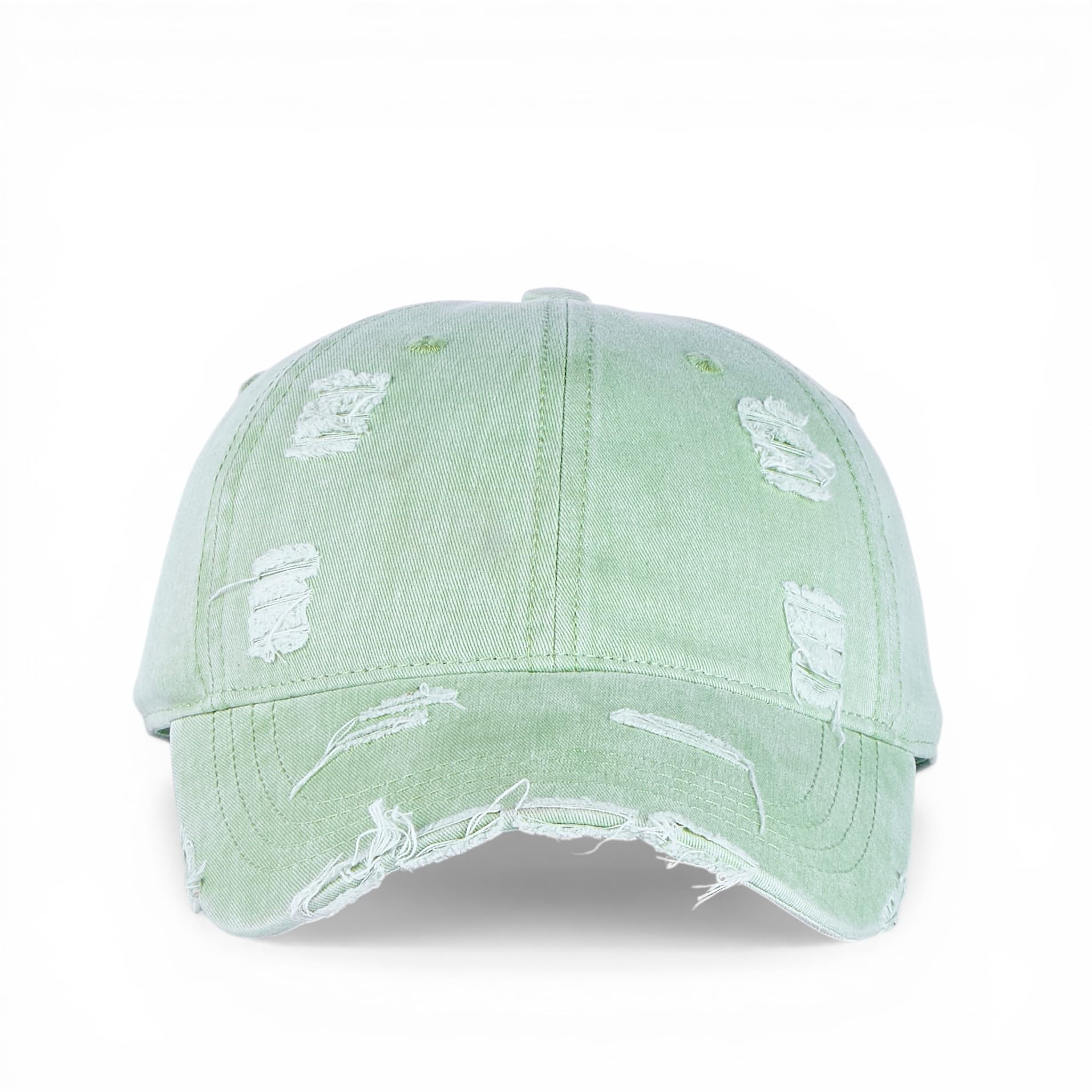 BabaCap Distressed Washed Denim Dad Hat, Light Green, Adjustable Baseball Cap with Frayed Ripped Details for Men and Women