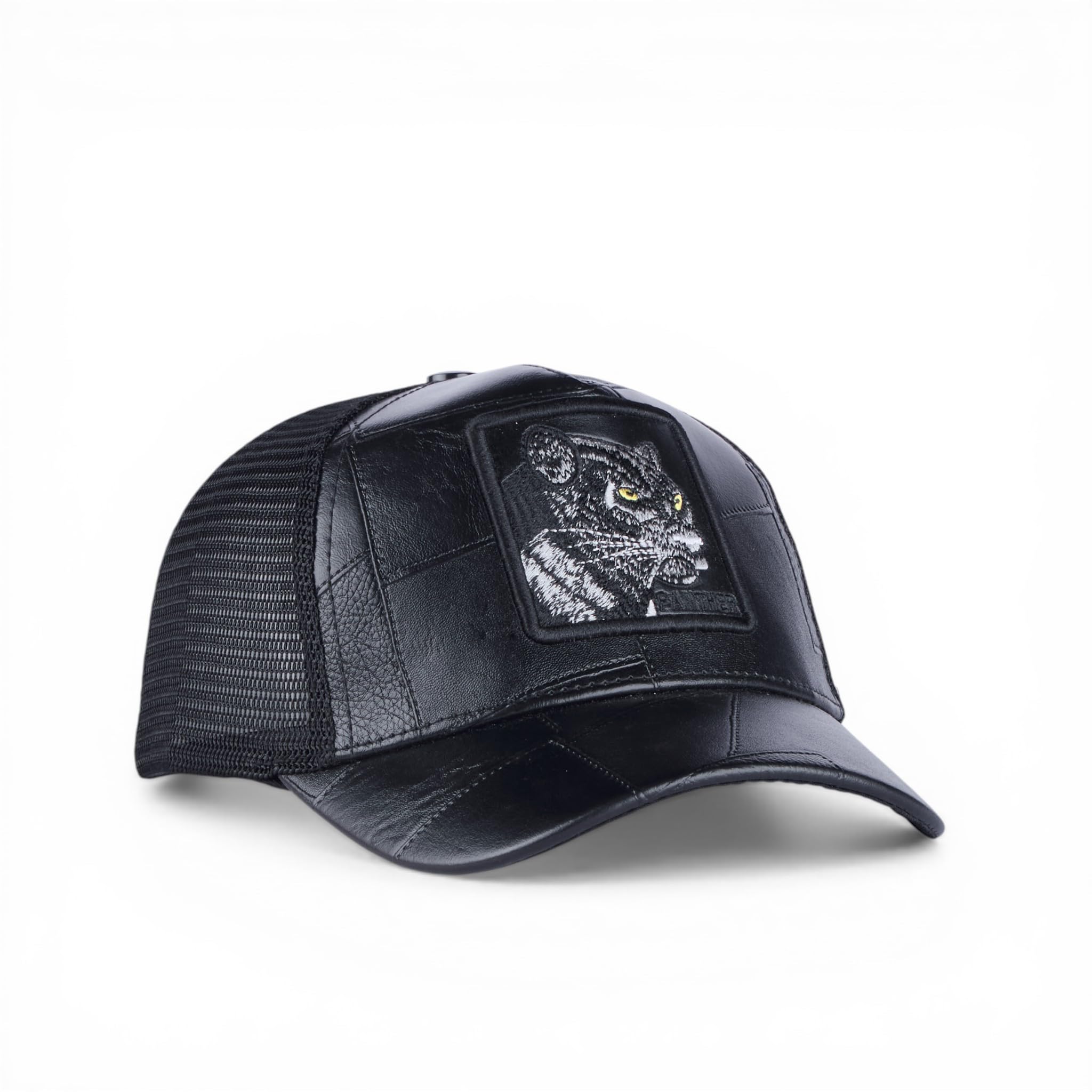 BabaCap Leather Trucker Cap, Black, Faux Leather, Adjustable, Mesh Back, Panther Patch, for Men and Women