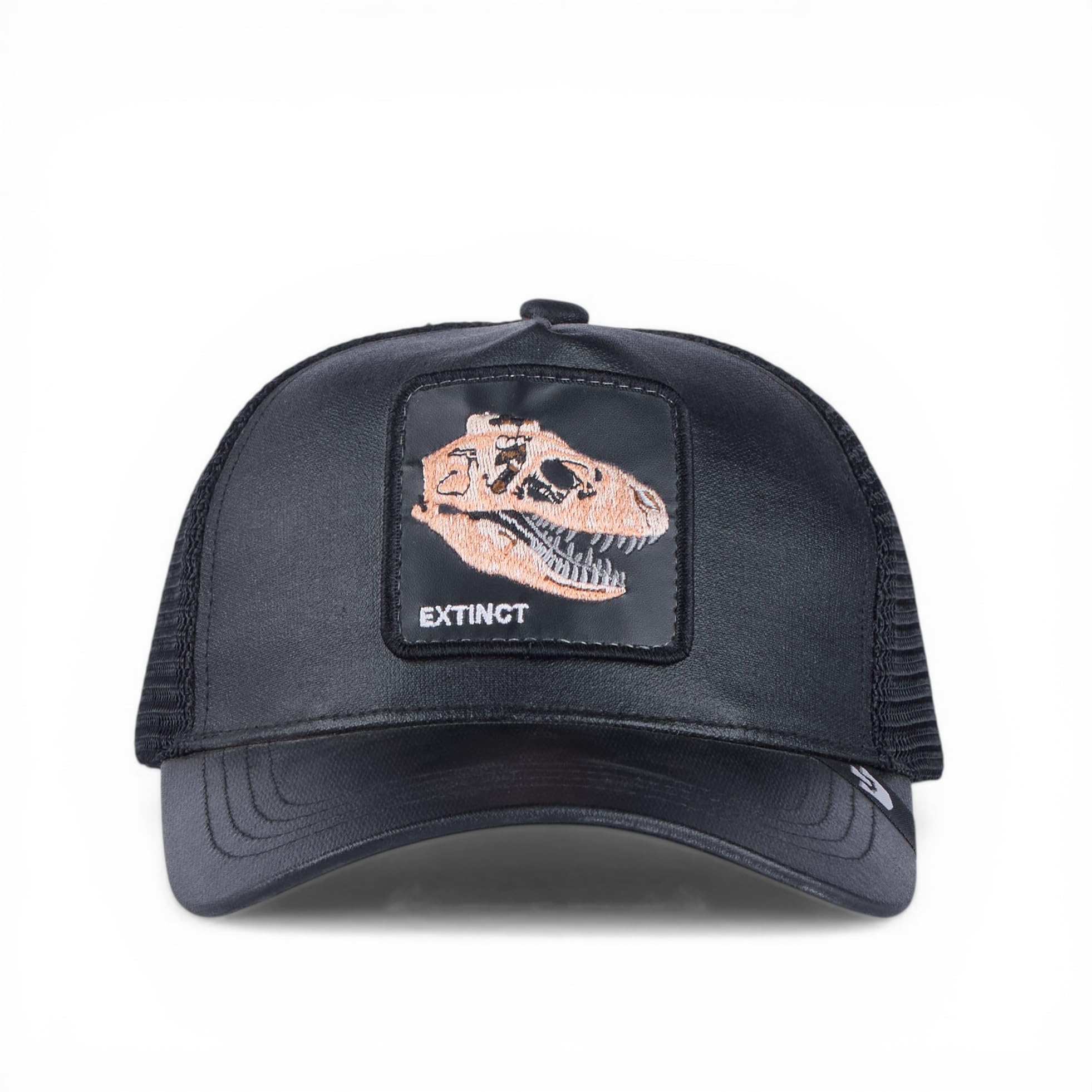 BabaCap Trucker Cap, Black, Waxed Fabric, Mesh Back, Adjustable, Extinct Dinosaur Patch, Casual Streetwear Hat for Men and Women