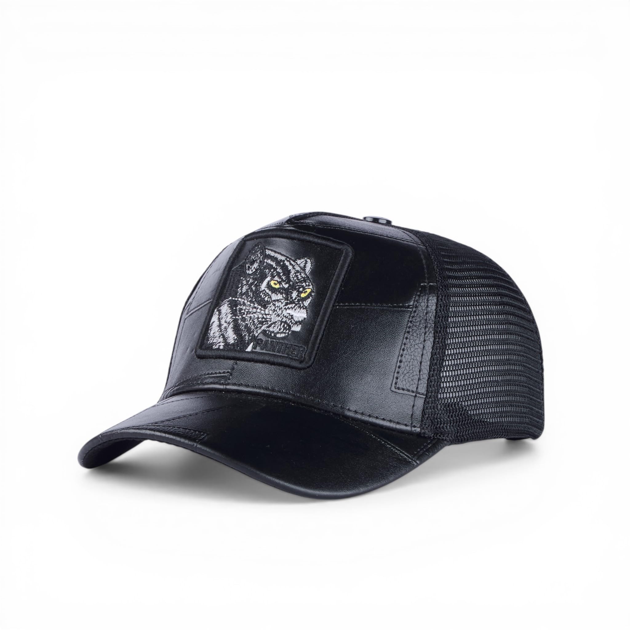 BabaCap Leather Trucker Cap, Black, Faux Leather, Adjustable, Mesh Back, Panther Patch, for Men and Women