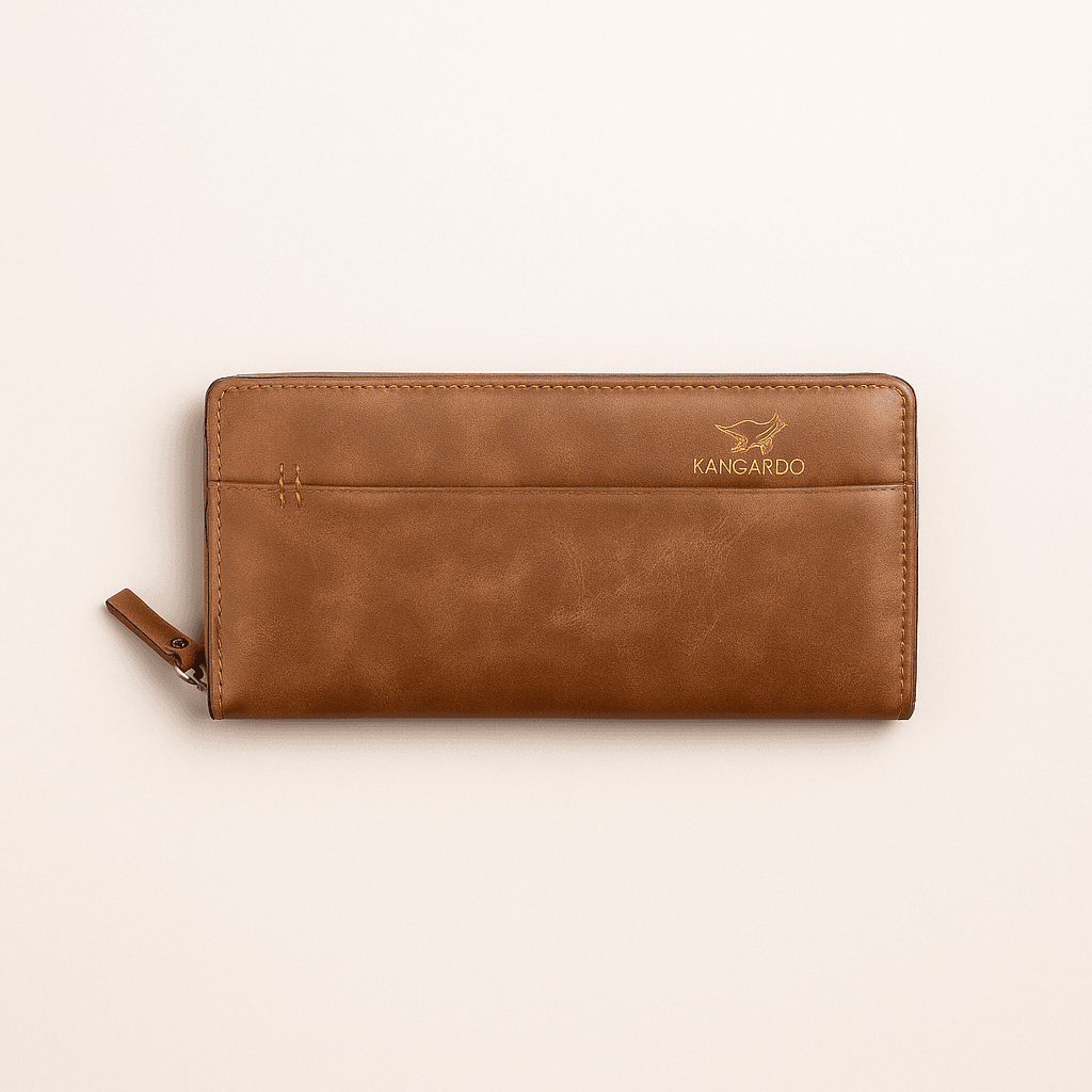 Kangaroo Genuine Leather Long Wallet – Elegant Brown Zipper Clutch with Built-with Phone Holder