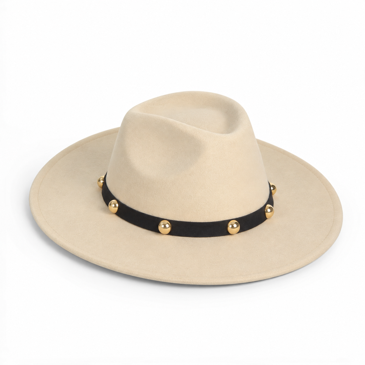 Premium Felt Fedora Hat – Wide Brim, Elegant Design with Gold Studded Band – Beige