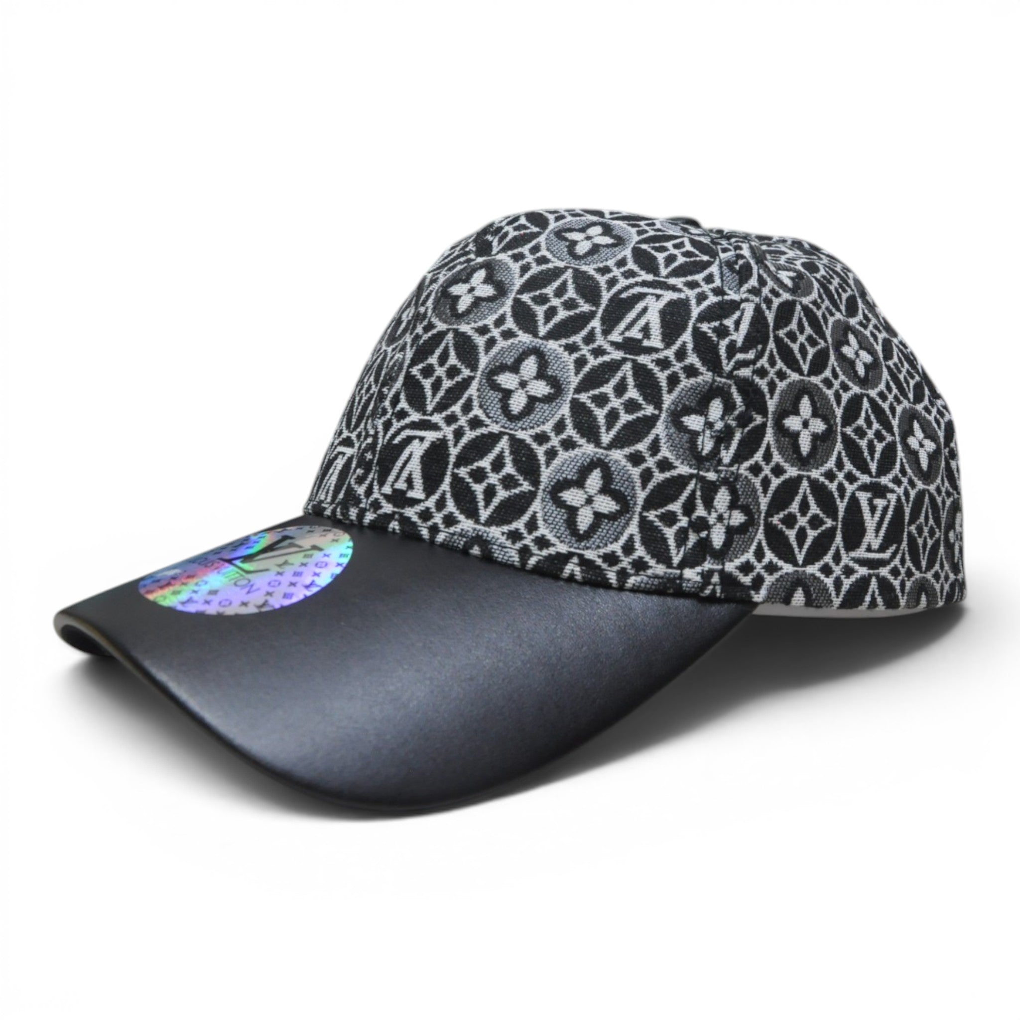 Premium Monogram Pattern Baseball Cap – Glossy Curved Brim, Adjustable Unisex Casual Hat, Black