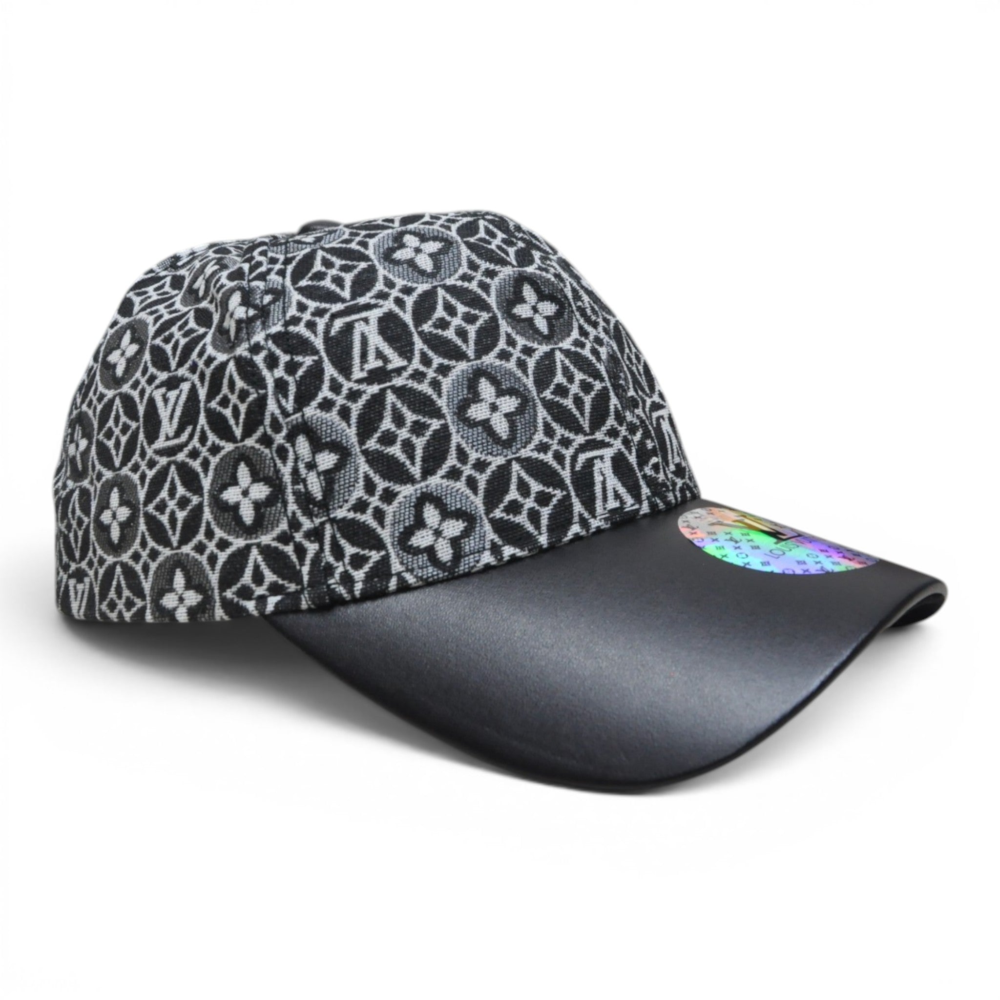 Premium Monogram Pattern Baseball Cap – Glossy Curved Brim, Adjustable Unisex Casual Hat, Black