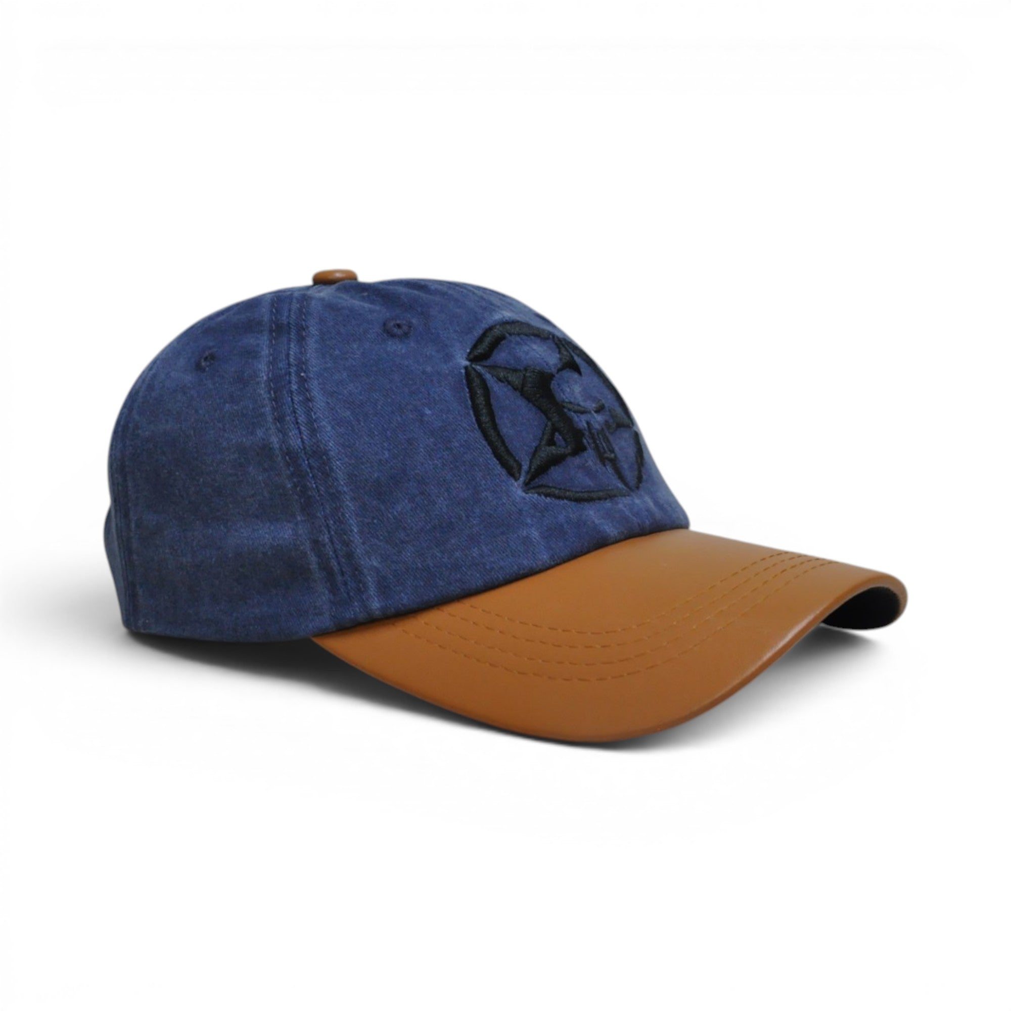 BABA CAP Vintage Washed Denim Dad Cap with PU Leather Brim, Embroidered Star Logo, Adjustable Unisex Casual Hat, Navy Blue & Brown