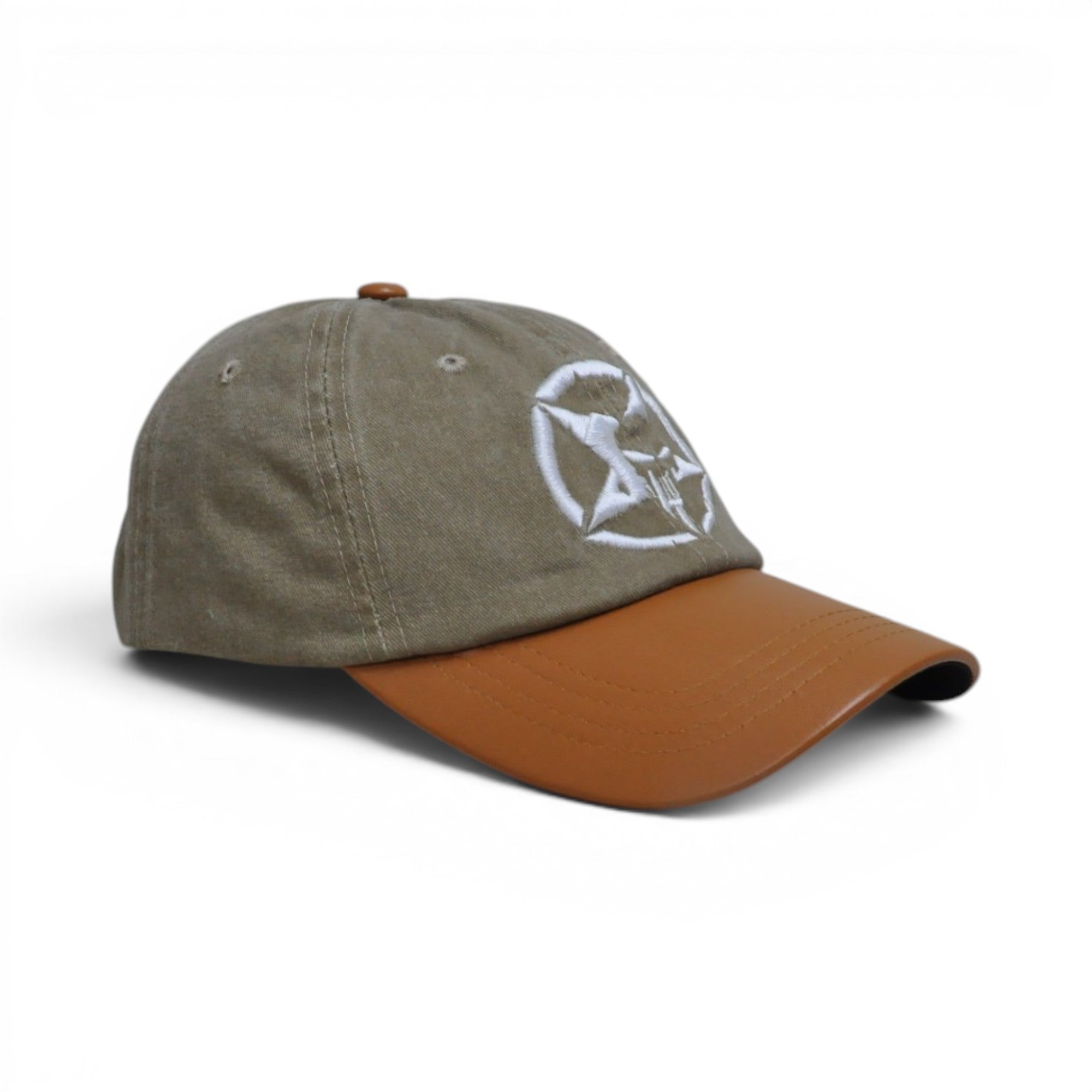BABA CAP Vintage Washed Denim Dad Cap with PU Leather Brim, Embroidered Star Logo, Adjustable Unisex Casual Hat, Navy Blue & Brown