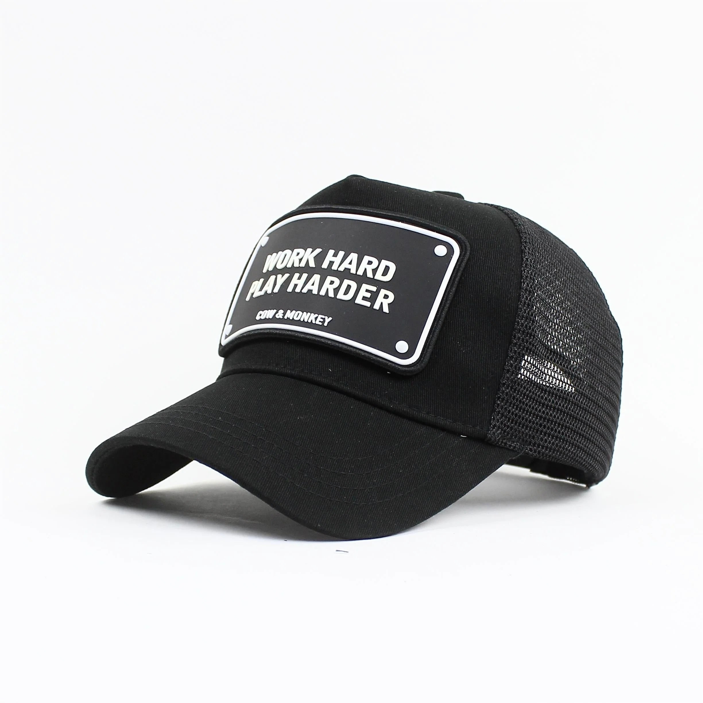 Unisex Trucker Cap WORK HARDER โ Premium High Quality Materials, Cotton Front & High-Quality Polyester Mesh Back, Adjustable Size โ COW&MONKEY