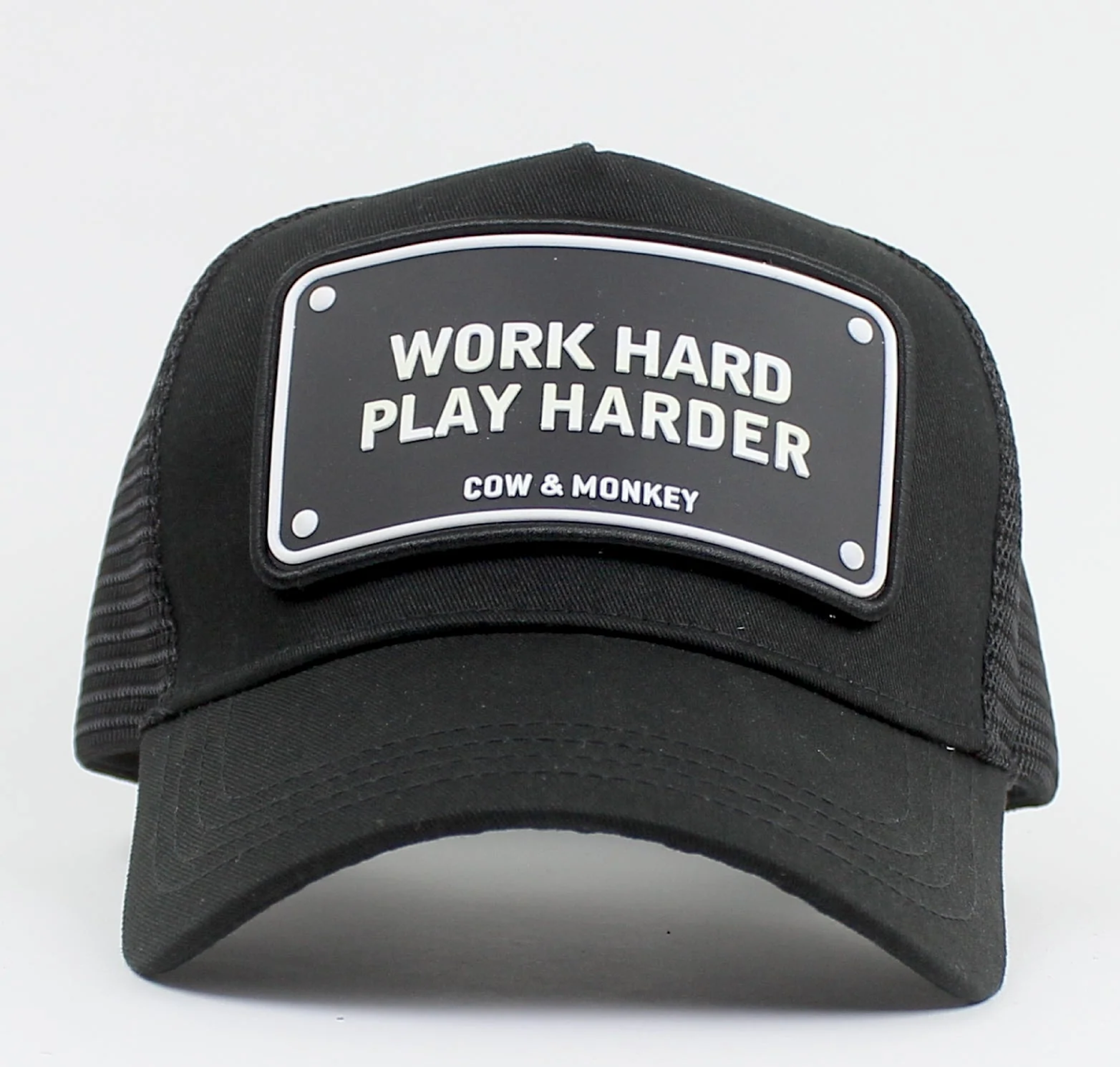 Unisex Trucker Cap WORK HARDER โ Premium High Quality Materials, Cotton Front & High-Quality Polyester Mesh Back, Adjustable Size โ COW&MONKEY