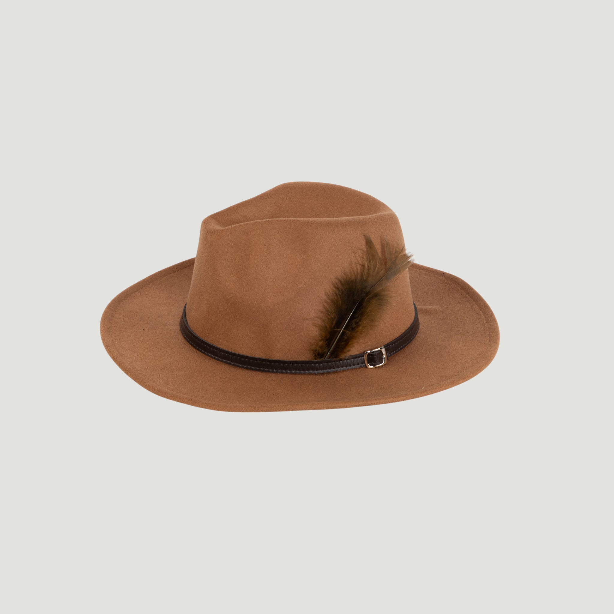 Fedora Hat – Premium Wool Felt, Classic Timeless Style, Elegant & Durable Design – Light Brown Fedora with a Brown feather and a Dark Brown leather Belt