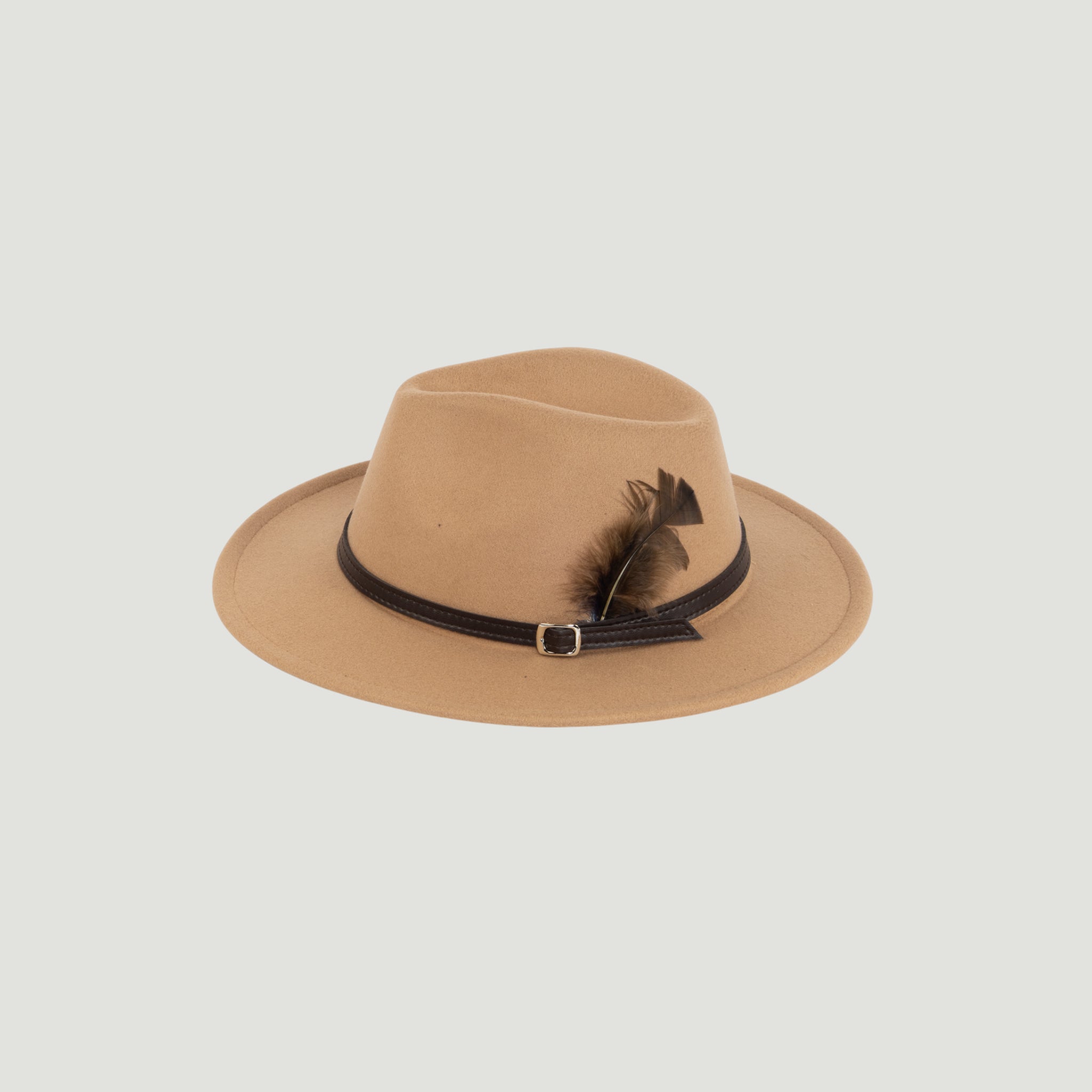 Fedora Hat – Premium Wool Felt, Classic Timeless Style, Elegant & Durable Design – Beige with a dark brown feather and a dark brown leather Belt