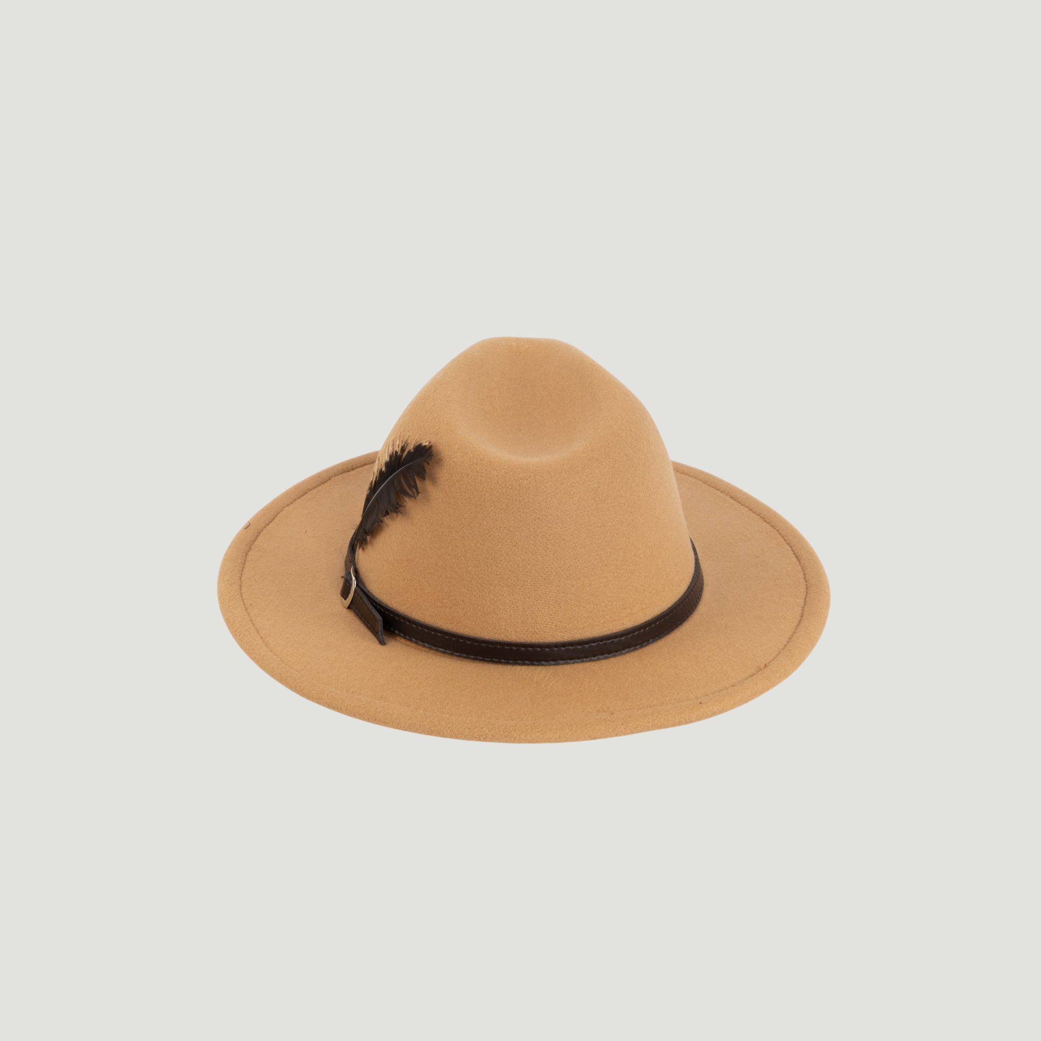 Fedora Hat – Premium Wool Felt, Classic Timeless Style, Elegant & Durable Design – Beige with a natural dark brown feather and a dark brown leather Belt