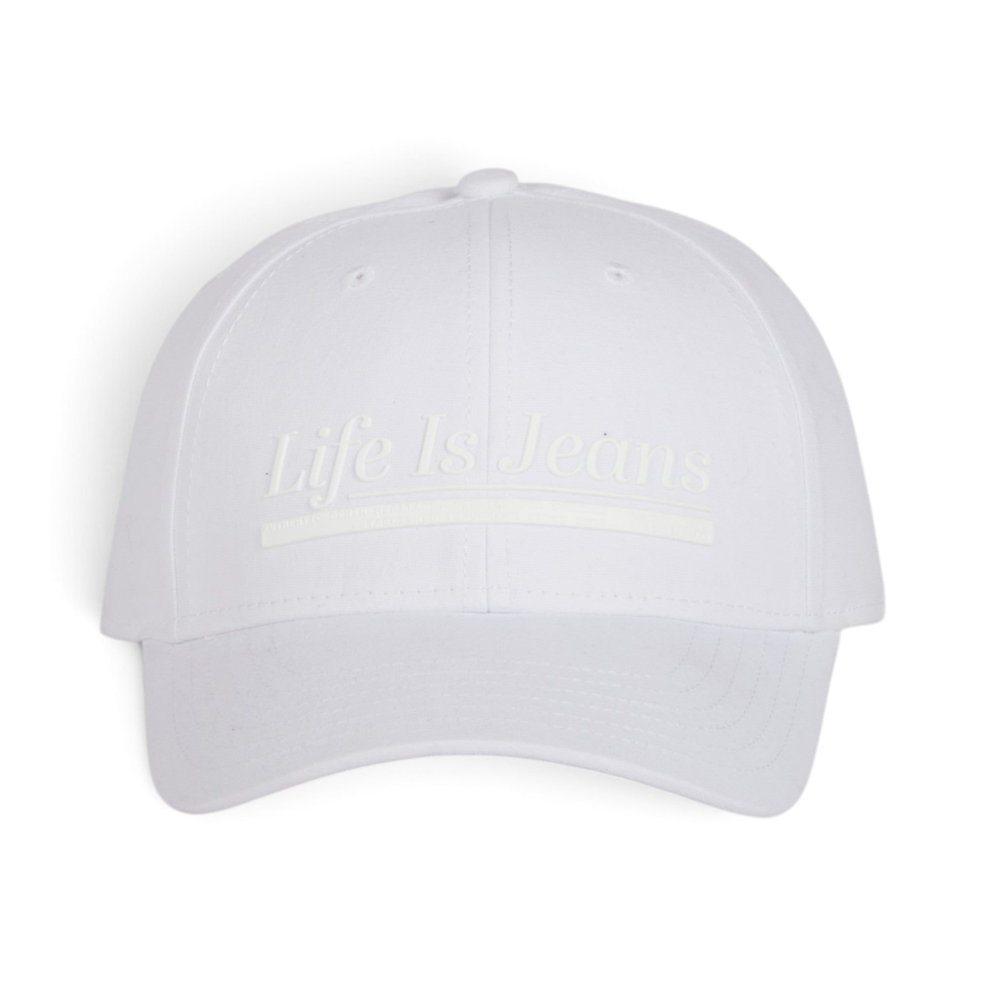 Life Is Jeans Premium White Cap – Minimal Tonal Logo Edition