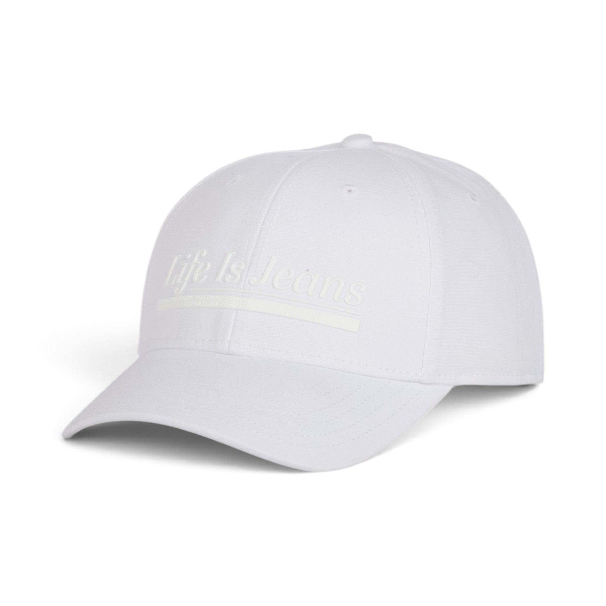 Life Is Jeans Premium White Cap – Minimal Tonal Logo Edition