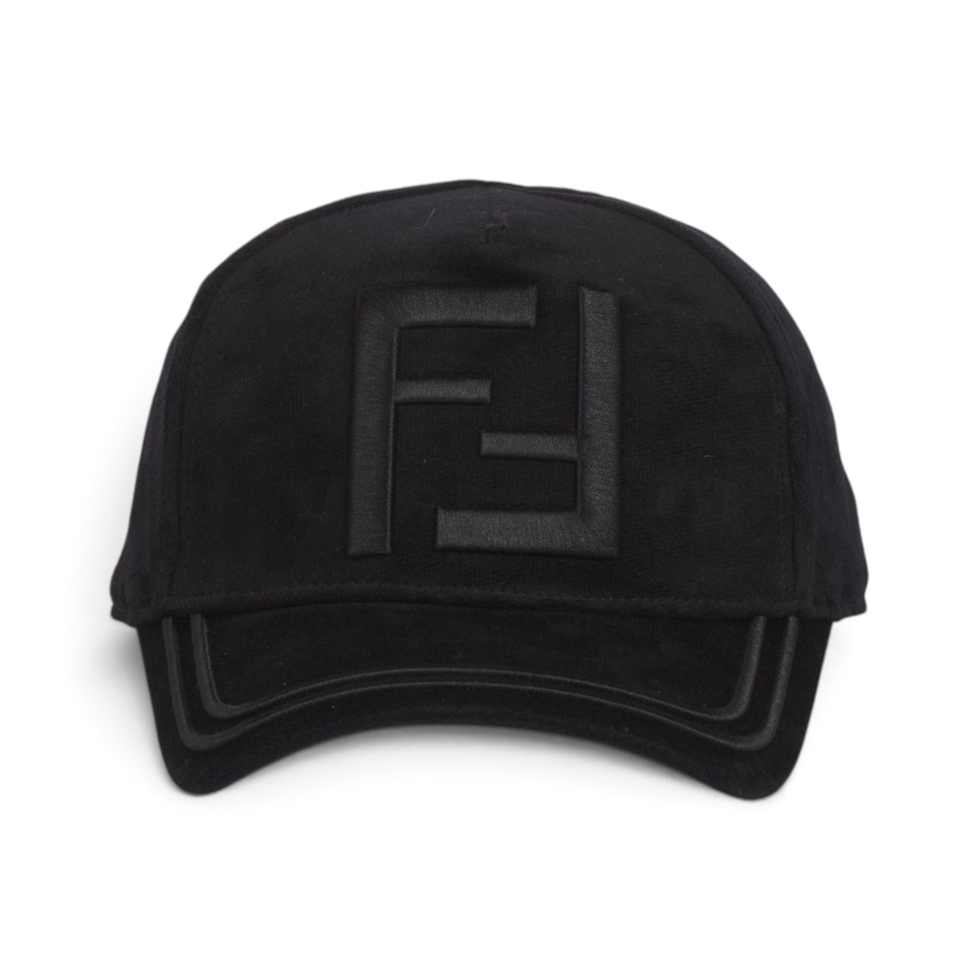 Fendi Premium Black Suede-Look Cap – Tonal FF Logo & Layered Brim Detail