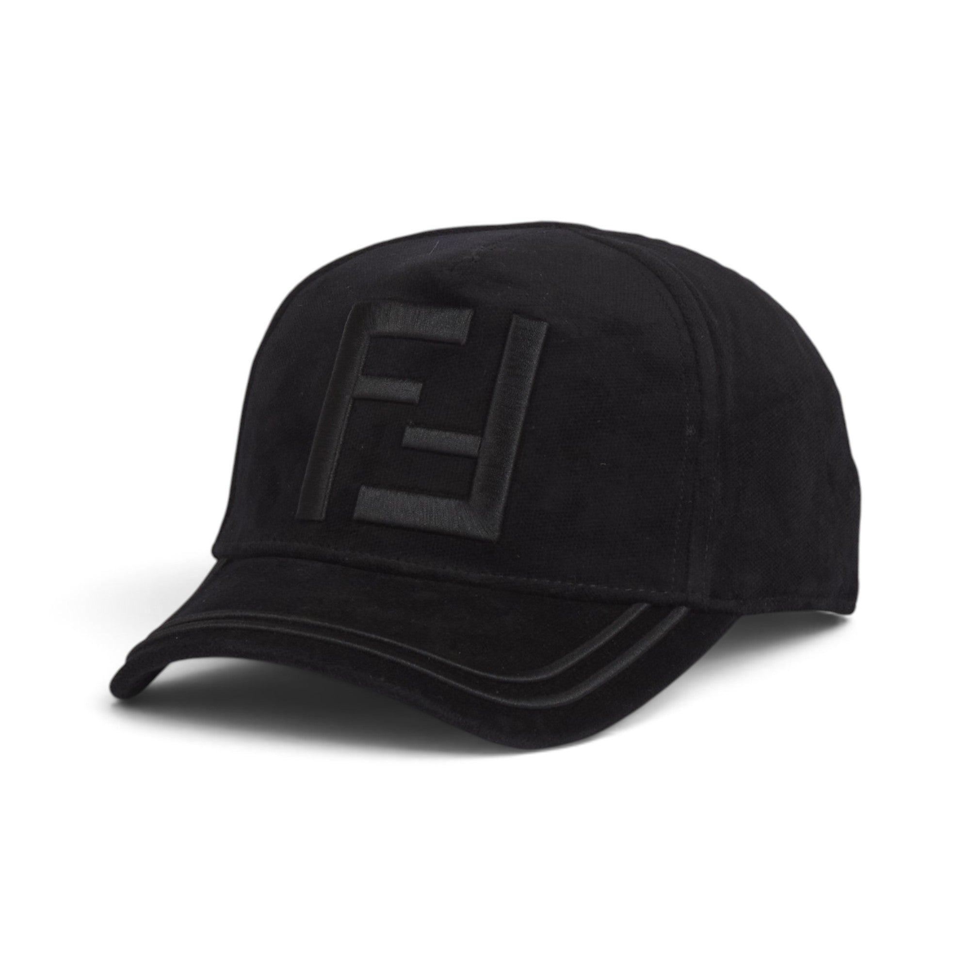 Fendi Premium Black Suede-Look Cap – Tonal FF Logo & Layered Brim Detail