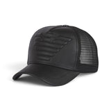 Emporio Armani Premium Red Leather-Look Trucker Cap – Tonal Eagle Logo & Mesh Back