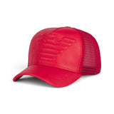 Emporio Armani Premium Red Leather-Look Trucker Cap – Tonal Eagle Logo & Mesh Back