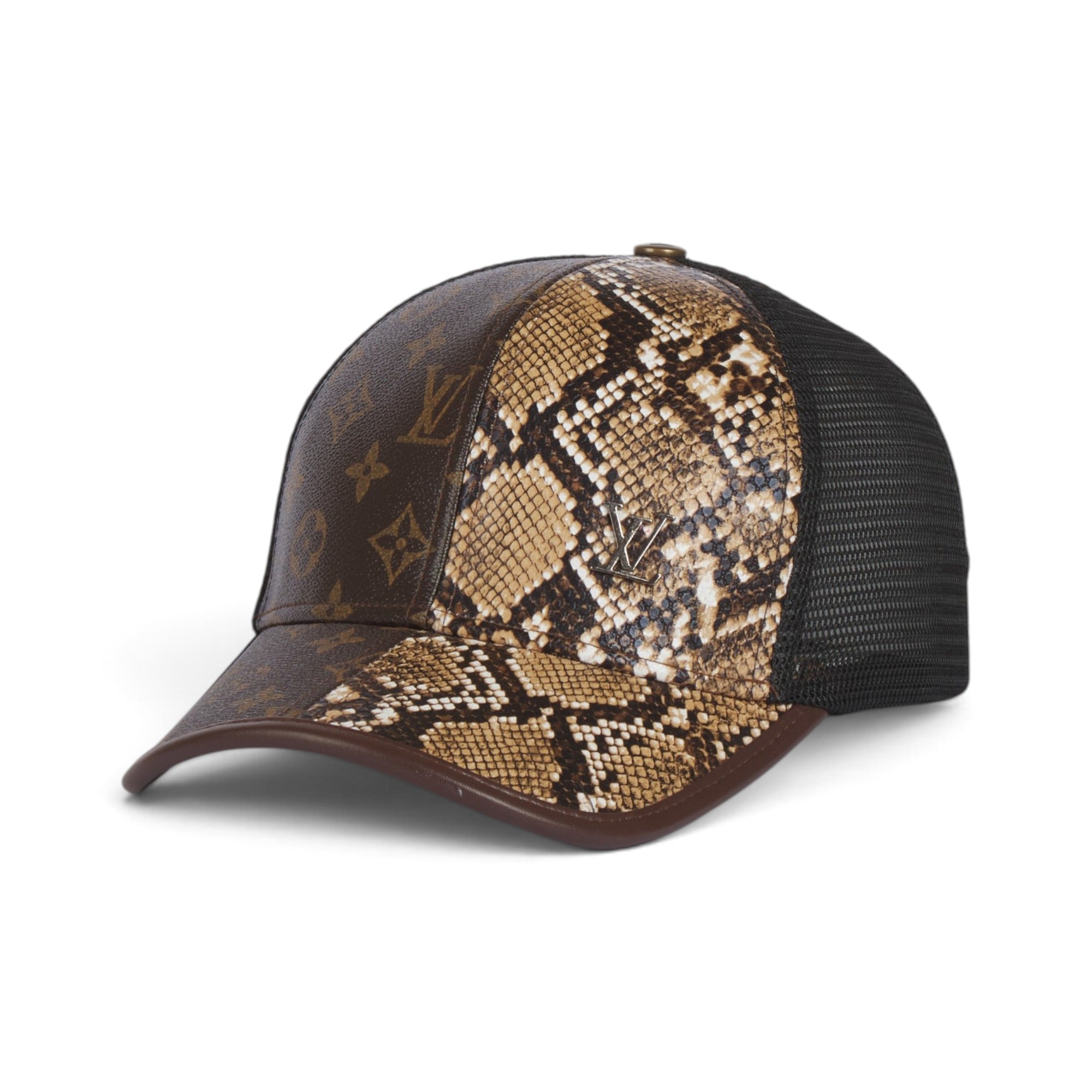 Louis Vuitton Premium Monogram & Snakeskin Trucker Cap – Metal LV Logo & Mesh Back