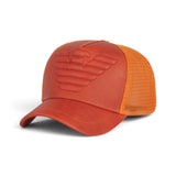 Emporio Armani Premium Red Leather-Look Trucker Cap – Tonal Eagle Logo & Mesh Back