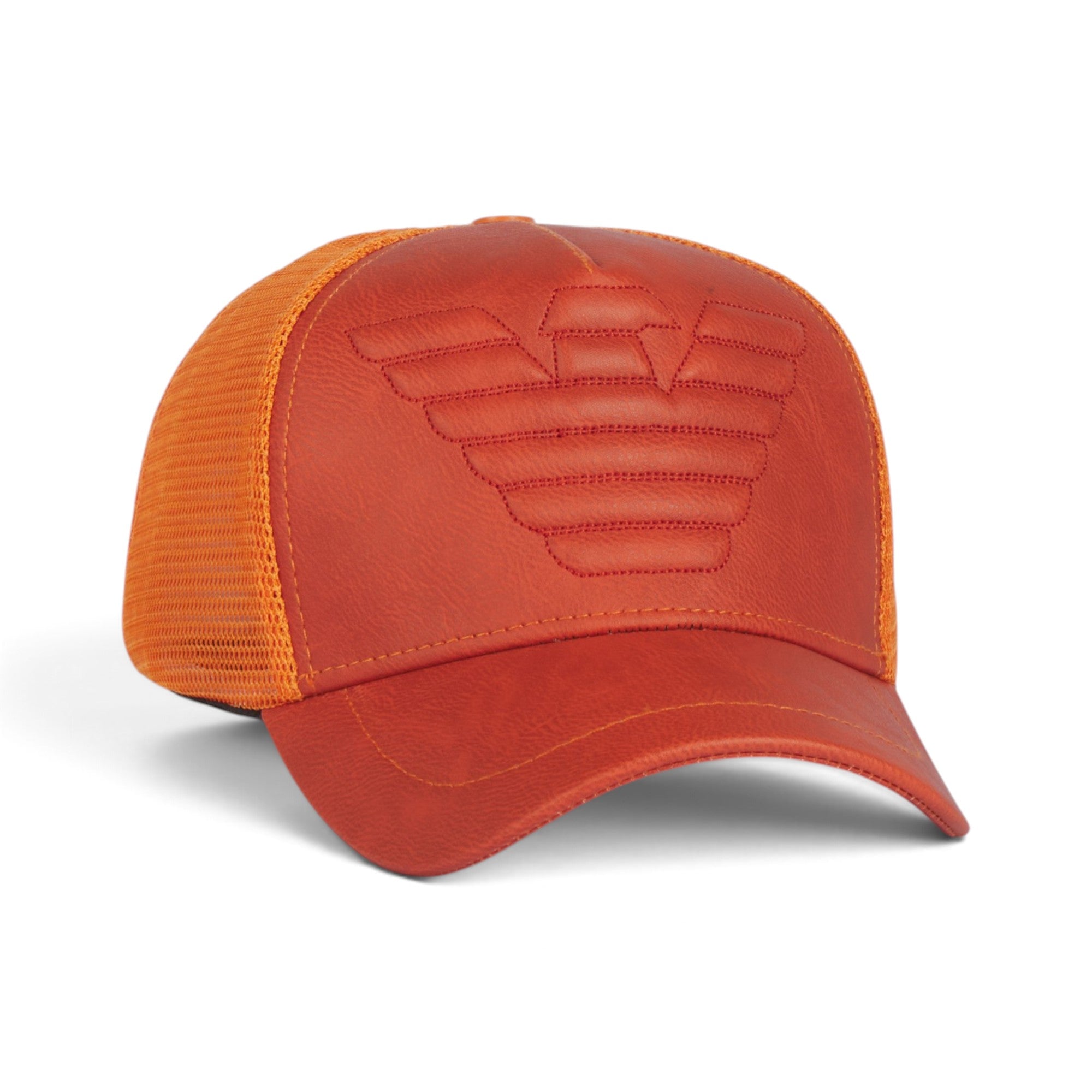 Emporio Armani Premium Red Leather-Look Trucker Cap – Tonal Eagle Logo & Mesh Back