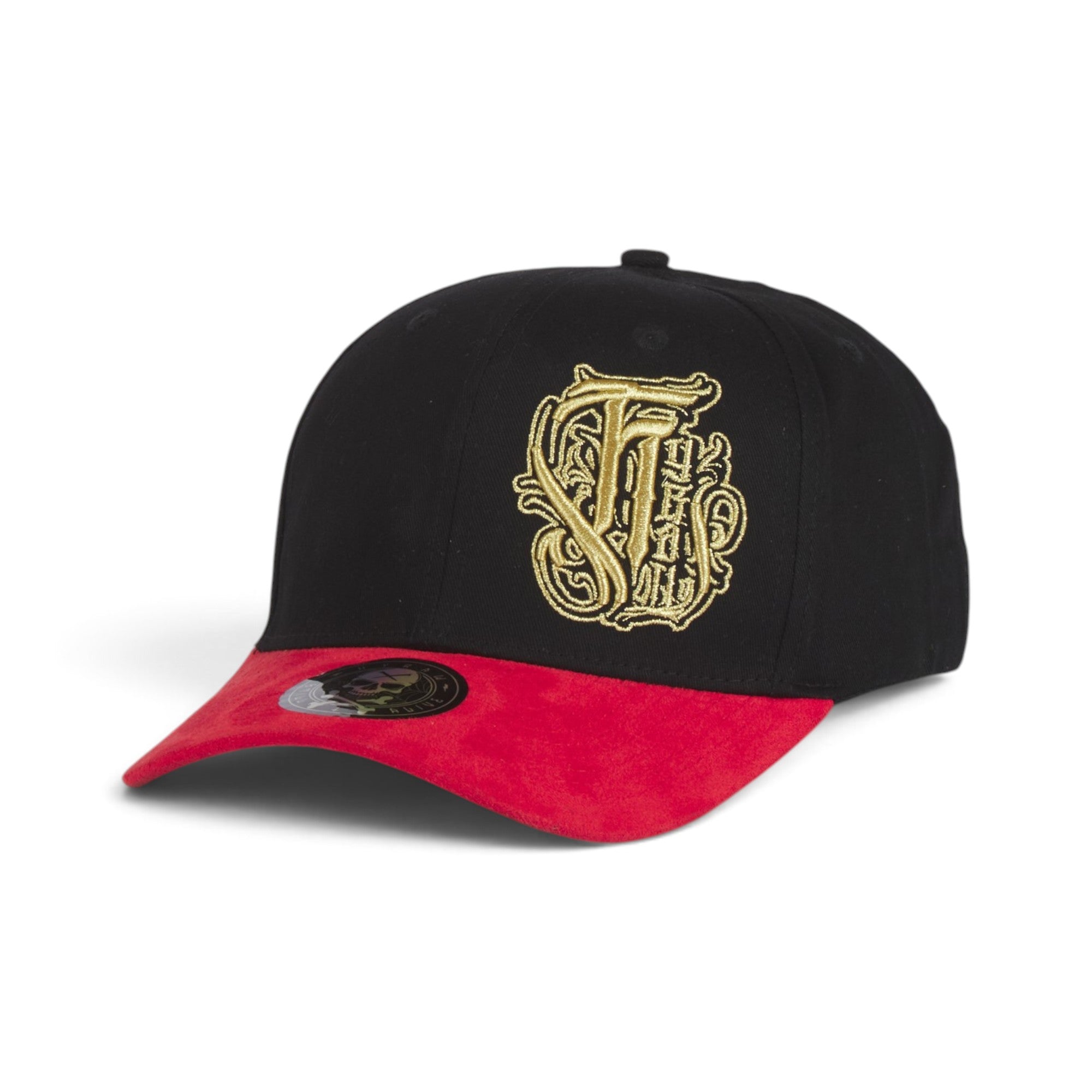 Gothic Monogram Suede Brim Baseball Cap – Black, Red & Gold