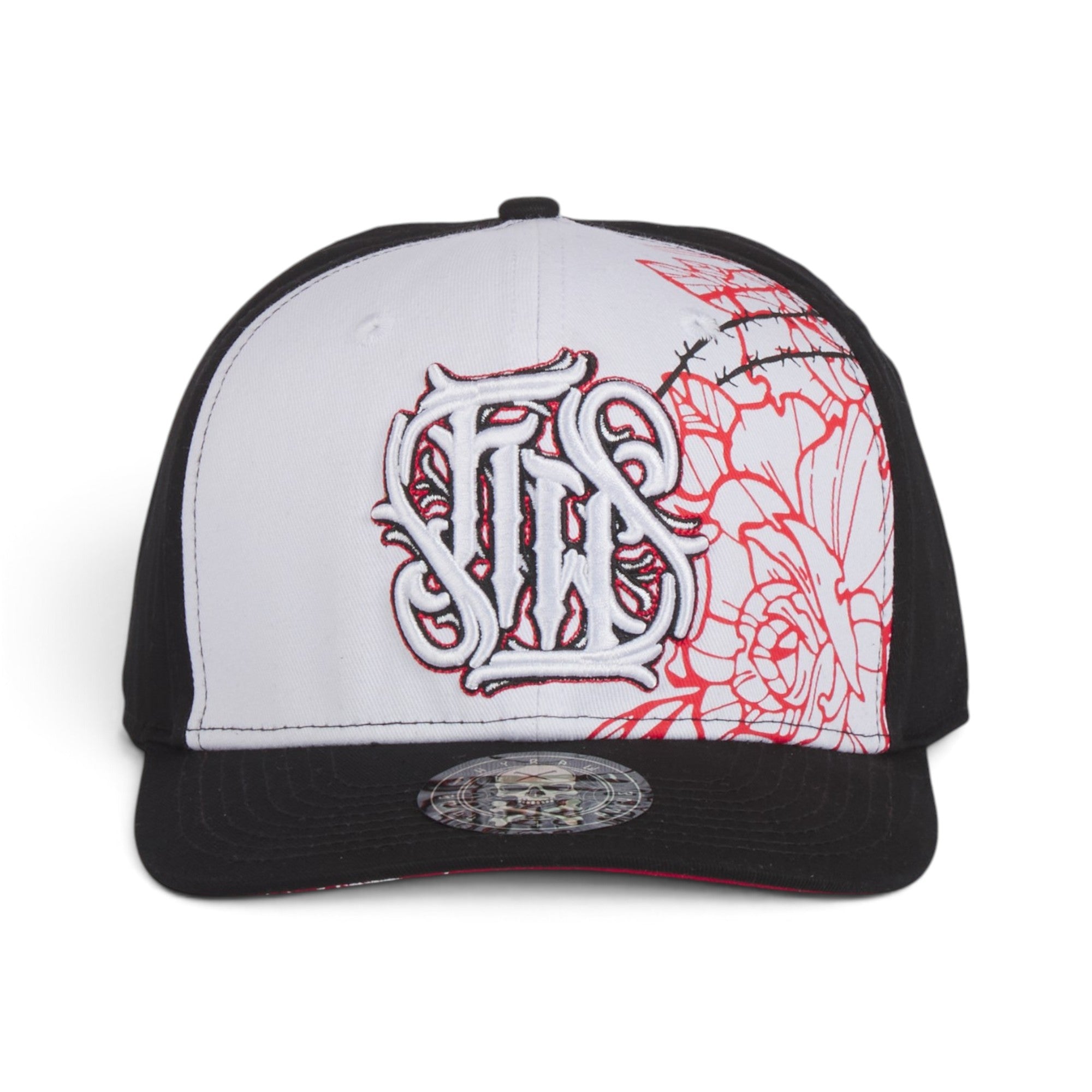Gothic Floral Embroidered Baseball Cap – Black, White & Red