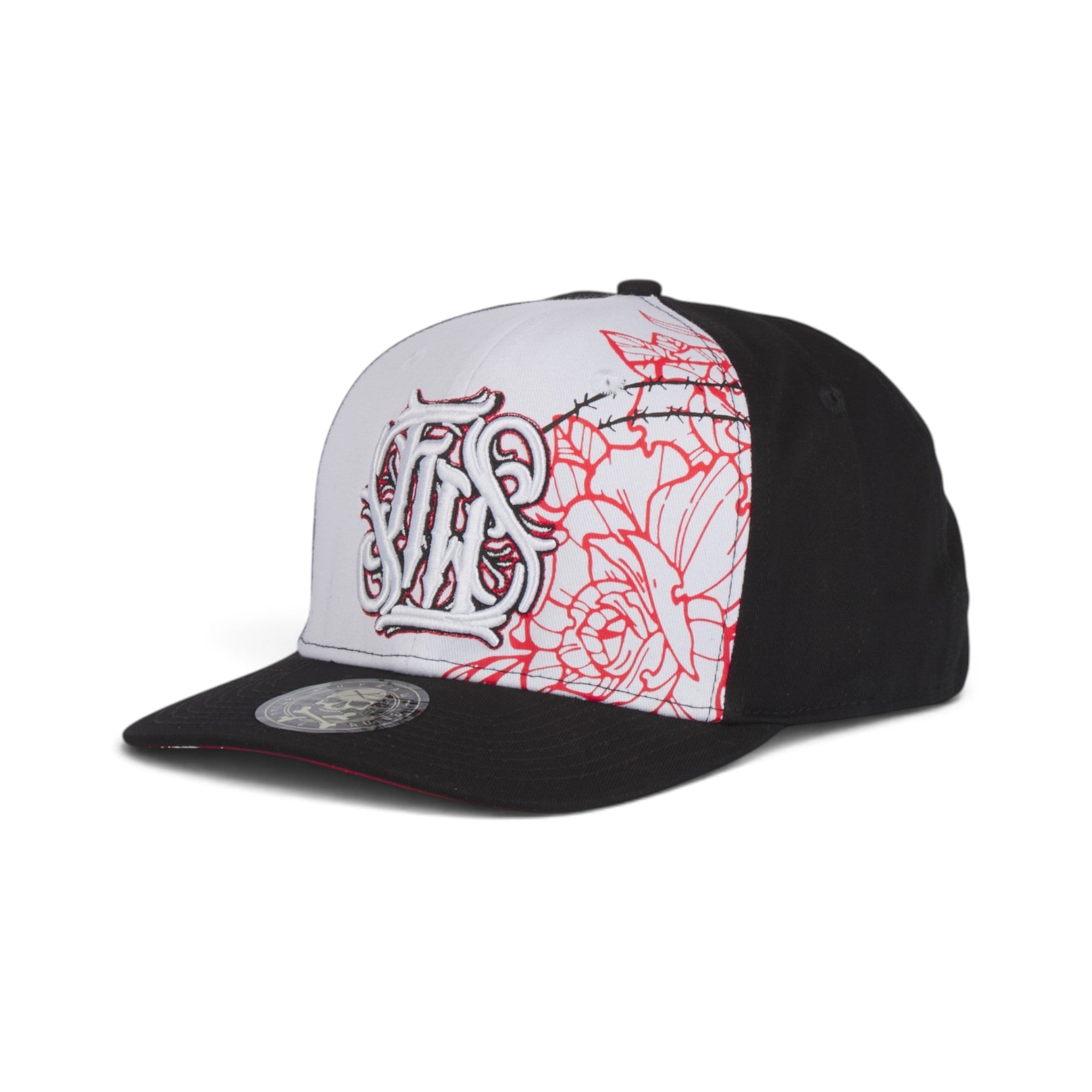 Gothic Floral Embroidered Baseball Cap – Black, White & Red