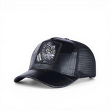 BabaCap Leather Trucker Cap, Black, Faux Leather, Adjustable, Mesh Back, Panther Patch, for Men and Women