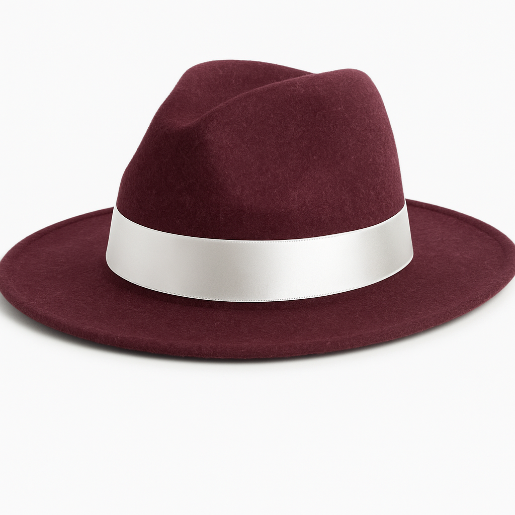 Wool felt fedora hat, adorned with a soft shiny white satin ribbon