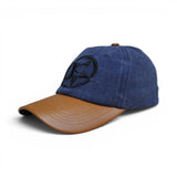 BABA CAP Vintage Washed Denim Dad Cap with PU Leather Brim, Embroidered Star Logo, Adjustable Unisex Casual Hat, Navy Blue & Brown