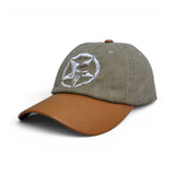 BABA CAP Vintage Washed Denim Dad Cap with PU Leather Brim, Embroidered Star Logo, Adjustable Unisex Casual Hat, Navy Blue & Brown