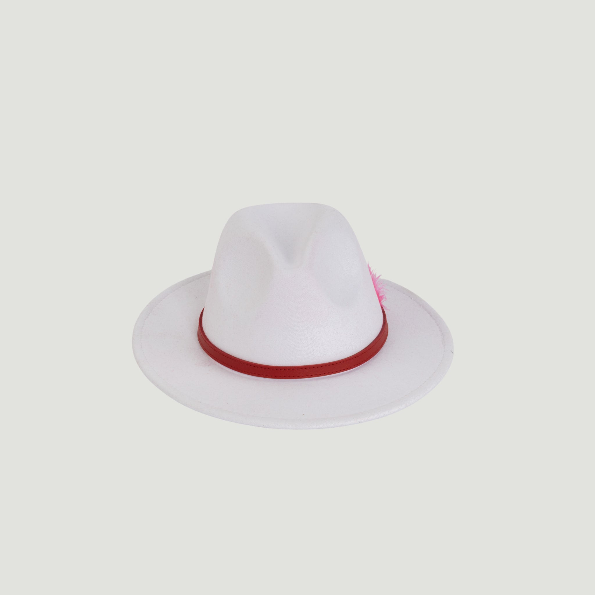 Fedora Hat – Premium Wool Felt, Classic Timeless Style, Elegant & Durable Design – White with a Red feather and a Red leather Belt