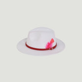 Fedora Hat – Premium Wool Felt, Classic Timeless Style, Elegant & Durable Design – White with a Red feather and a Red leather Belt