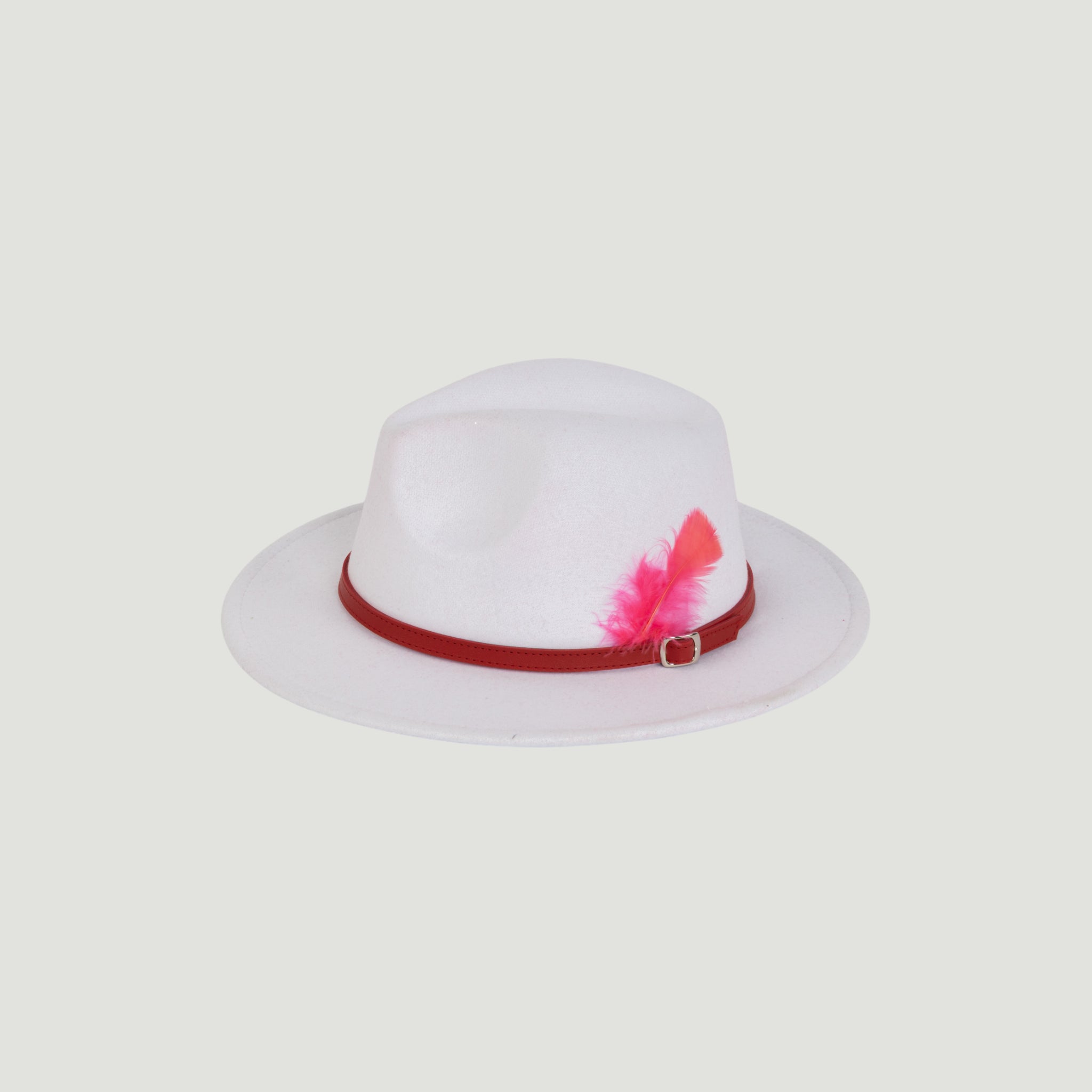 Fedora Hat – Premium Wool Felt, Classic Timeless Style, Elegant & Durable Design – White with a Red feather and a Red leather Belt
