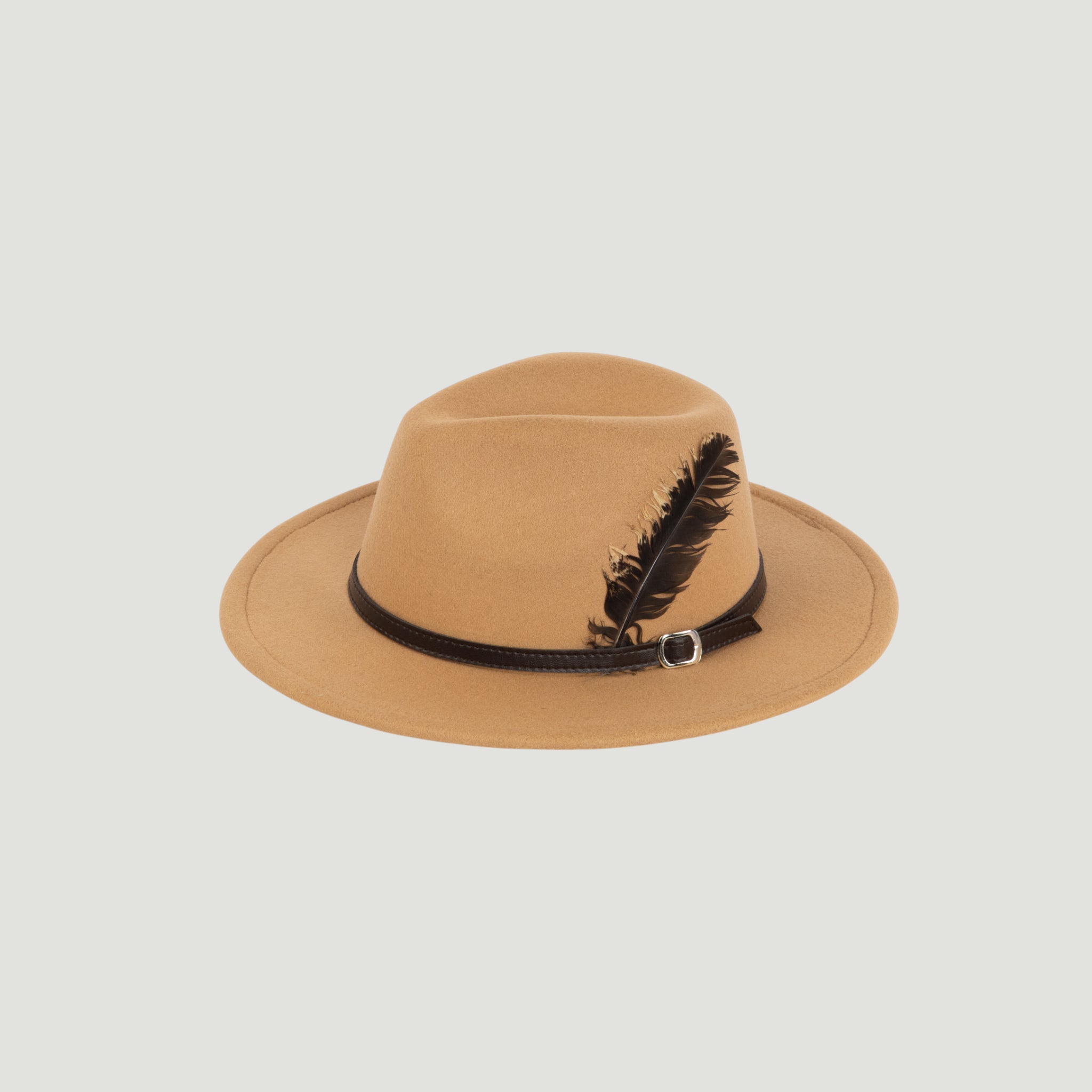 Fedora Hat – Premium Wool Felt, Classic Timeless Style, Elegant & Durable Design – Beige with a natural dark brown feather and a dark brown leather Belt