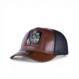 BabaCap Leather Trucker Cap, Black, Faux Leather, Adjustable, Mesh Back, Panther Patch, for Men and Women
